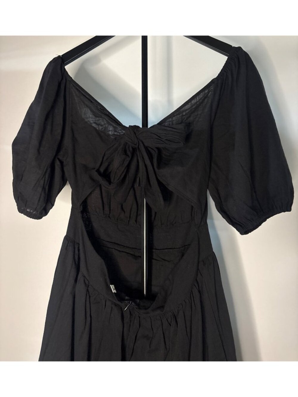 SHEIN Midi Black Backless Cut Out Puff Sleeve Tie Back Smocked Waist Ruffled Hem - Picture 12 of 16